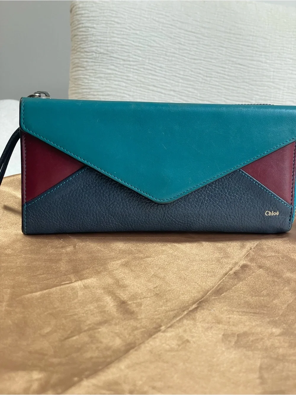 Chloé Tri-Color Leather Continental Wallet — Teal, Navy & Burgundy
